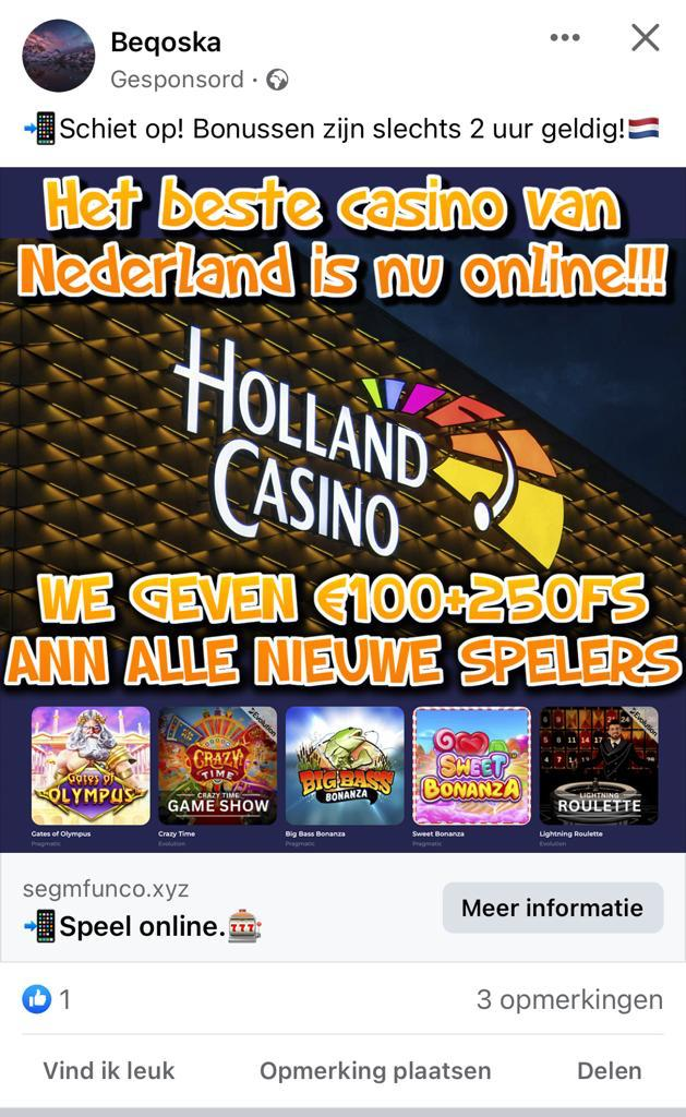 Illegale online casino’s maken gebruik van het logo van Holland Casino in advertenties op Facebook